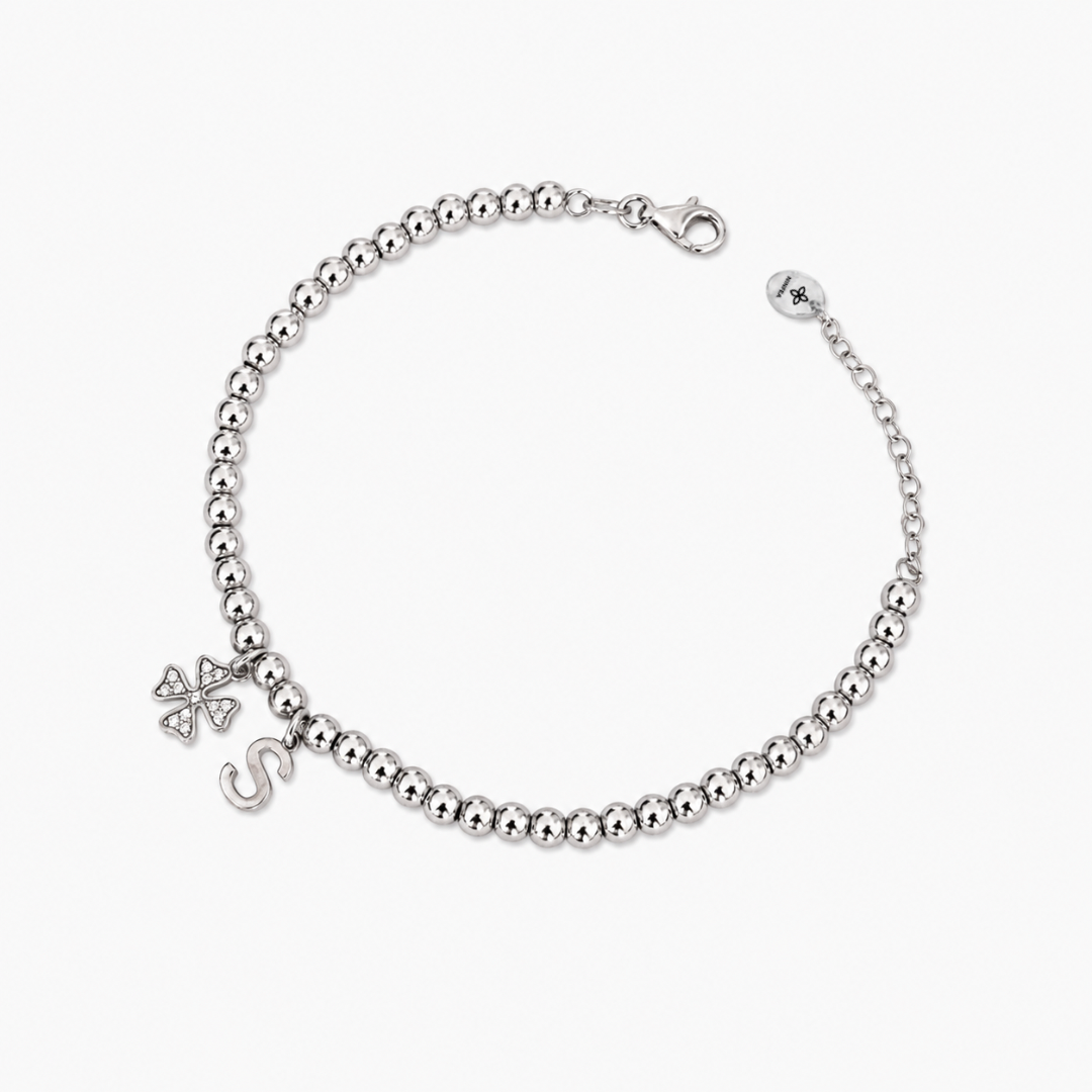 Bracciale Sfere con Quadrifoglio e Iniziale