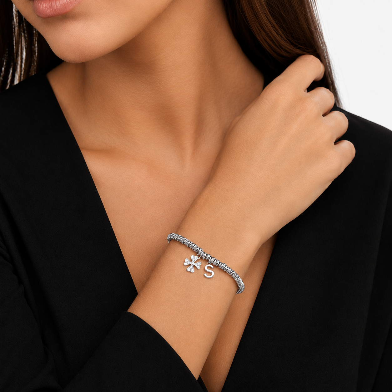Braided Bracelet with Four-Leaf Clover and Initial