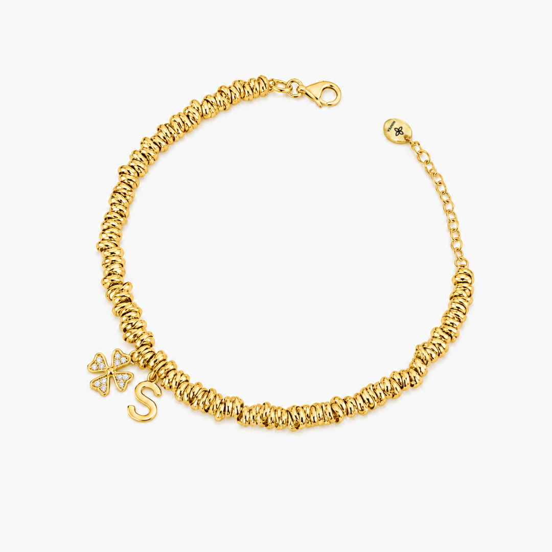 Braided Bracelet with Four-Leaf Clover and Initial