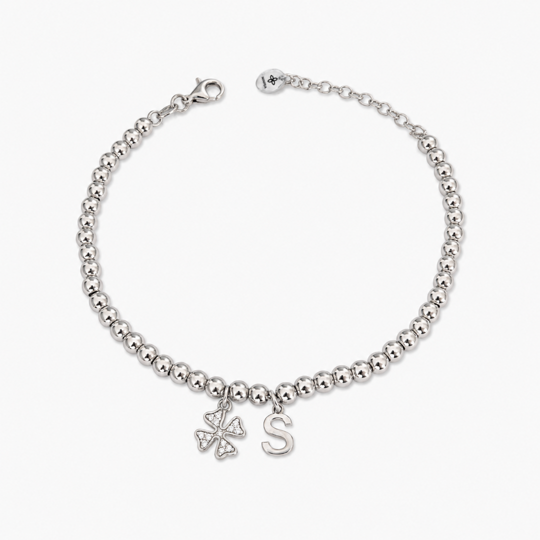 Bracciale Sfere con Quadrifoglio e Iniziale