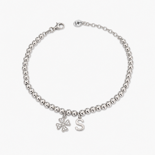 Bracciale Sfere con Quadrifoglio e Iniziale