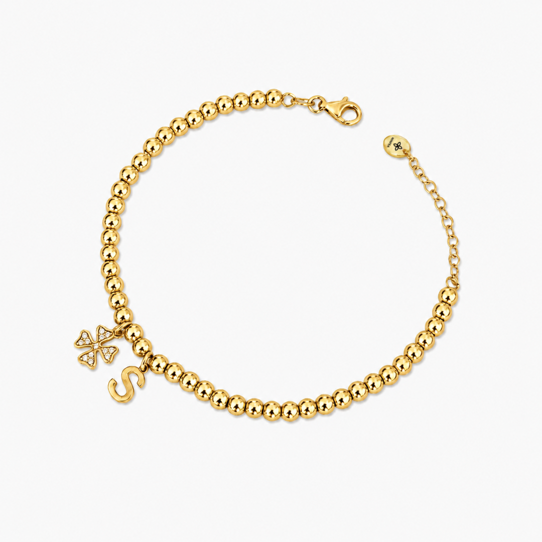 Bracciale Sfere con Quadrifoglio e Iniziale