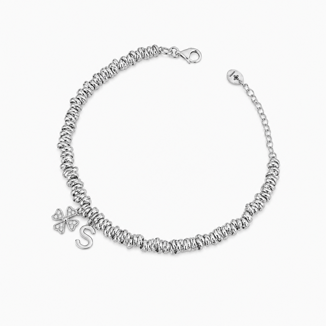 Braided Bracelet with Four-Leaf Clover and Initial