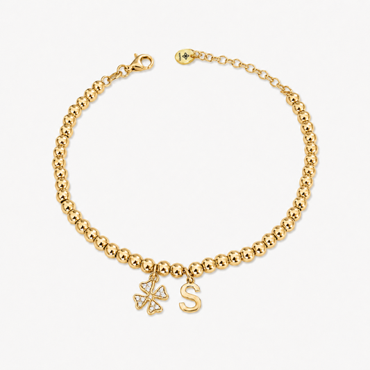 Bracciale Sfere con Quadrifoglio e Iniziale