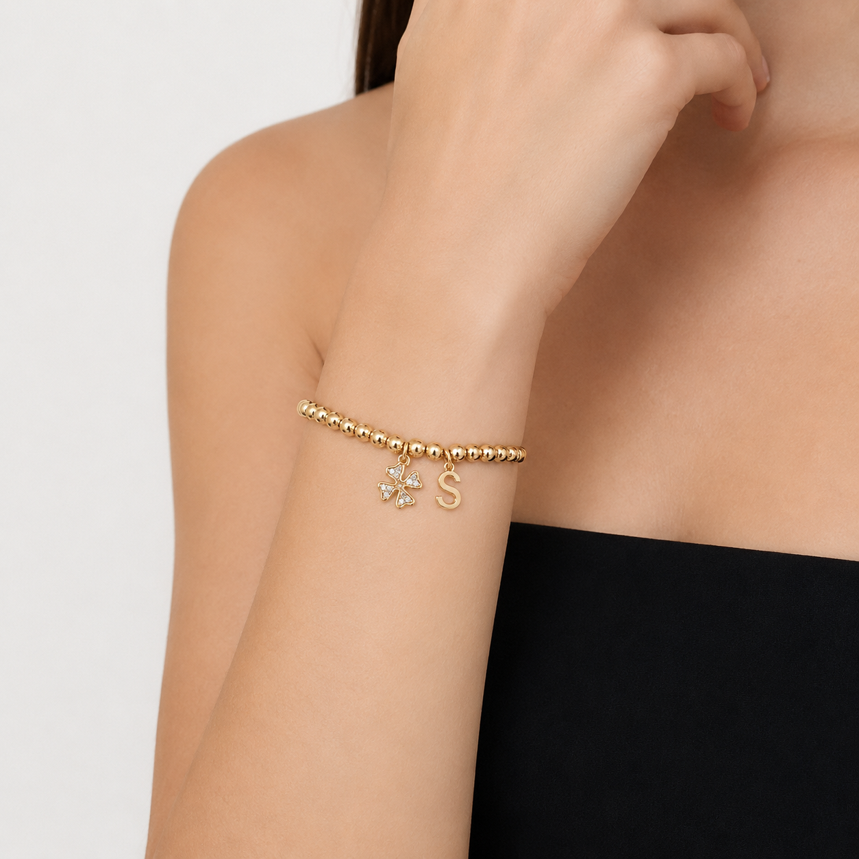 Bracciale Sfere con Quadrifoglio e Iniziale