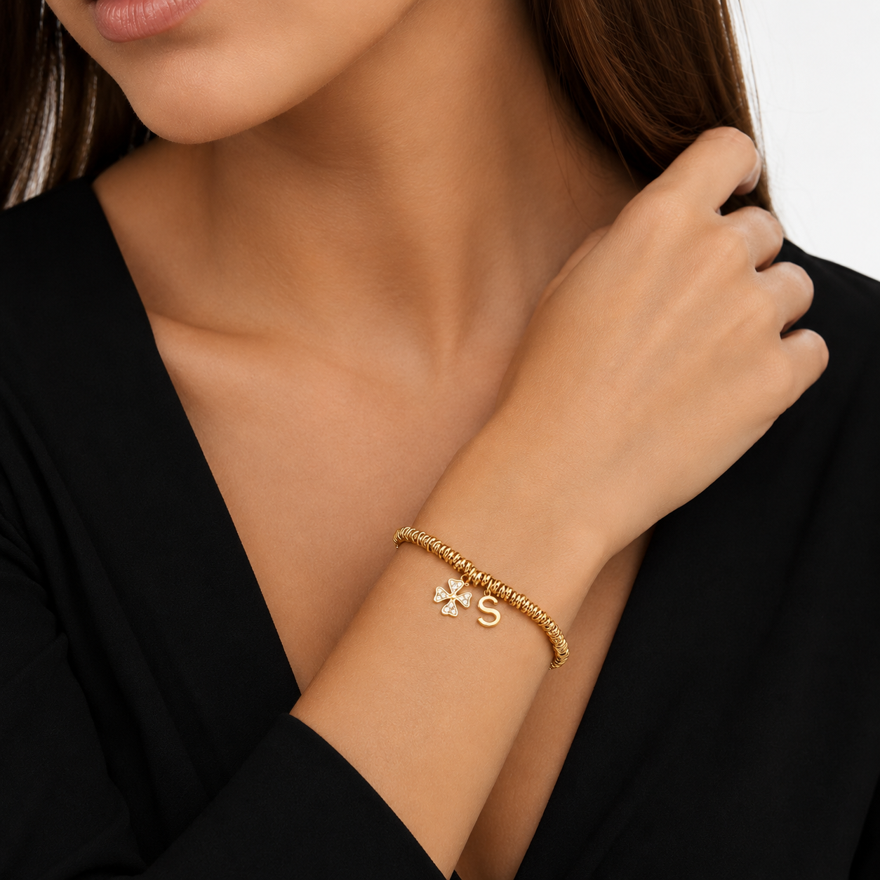 Braided Bracelet with Four-Leaf Clover and Initial